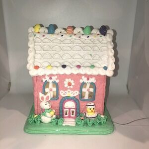 Spring Easter Bunny Rabbit Pastel Pink Gingerbread House Light Up Decor